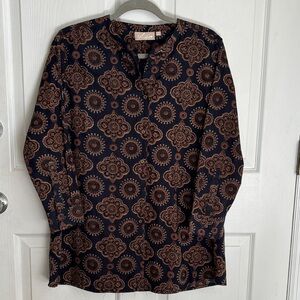 NEW Utsa Navy Cotton Kurti Brown Medallion Print Heritage India size 42 size L